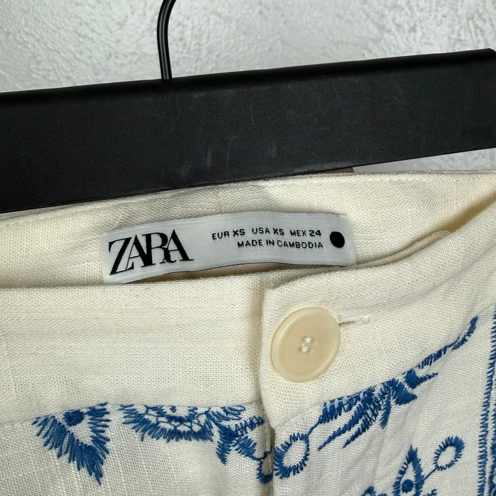 Zara Linen Embroidered Culottes Wide Leg Ankle Pants Ecru Cream Blue XS